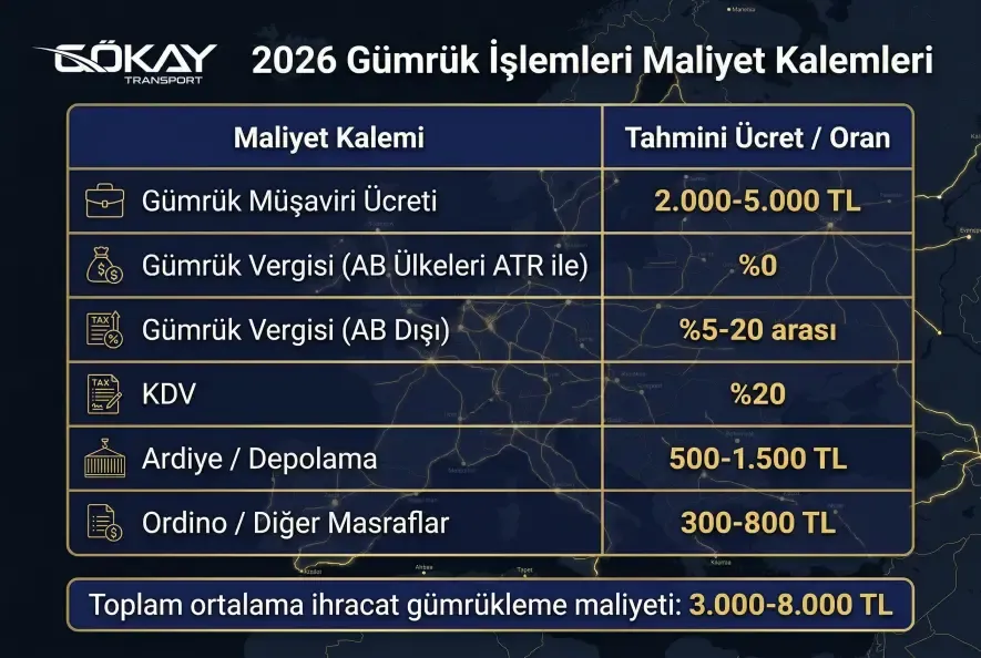 2026 gümrük müşaviri ücretleri ve gümrük işlemleri maliyet kalemleri tablosu