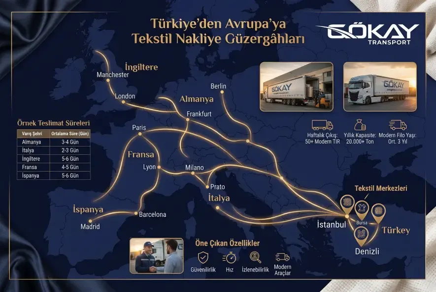 Türkiye’den Avrupa’ya tekstil nakliye güzergahları haritası — İstanbul, Denizli, Bursa çıkışlı